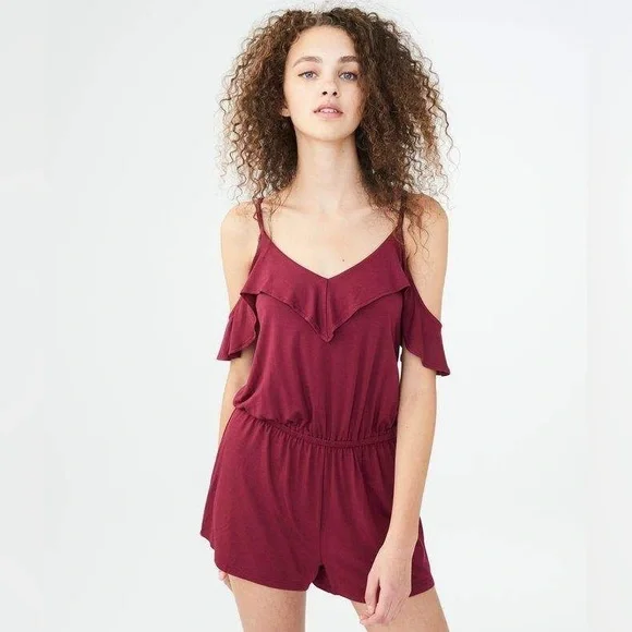 Aeropostale Solid Ruffled Cold-Shoulder Romper - Picture 1 of 8